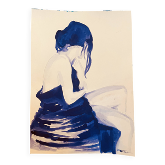 Monochrome indigo blue watercolour painting of a female portrait "after the bath"
