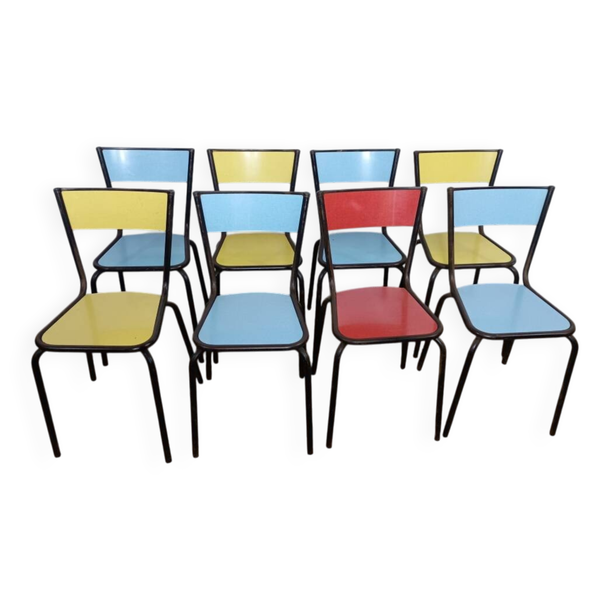8 chaises de cantine formica rouge jaune bleu tubulure métal années 50-60