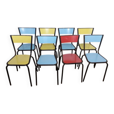 8 chaises de cantine formica rouge jaune bleu tubulure métal années 50-60