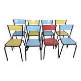 8 chaises de cantine formica rouge jaune bleu tubulure métal années 50-60