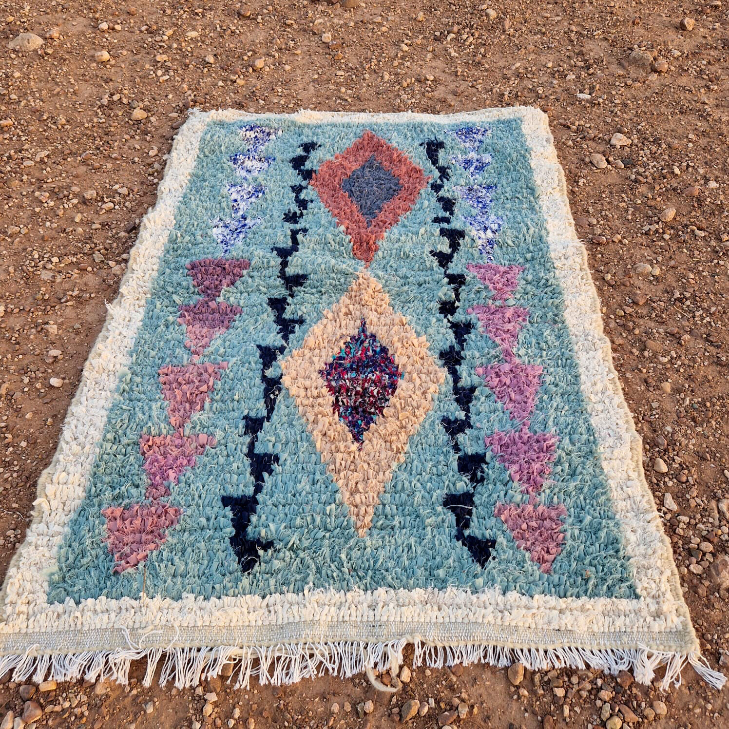 Moroccan Berber carpet Boucherouite light blue