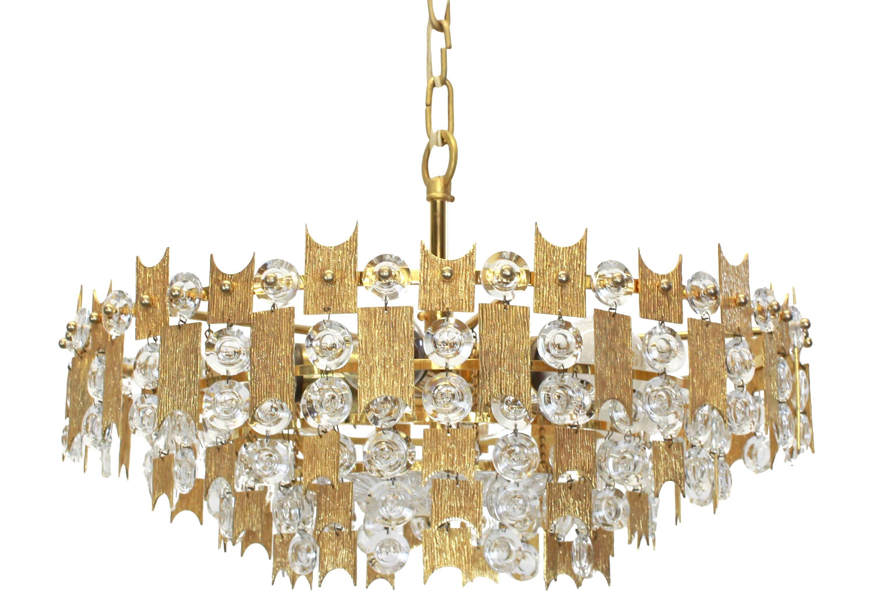Chandelier in gilded brass and crystal - Palwa - Germany, 1960s