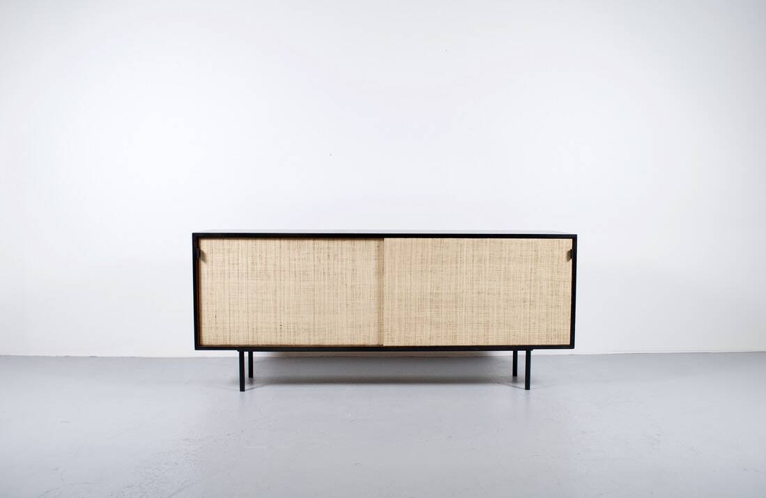 Enfilade florence knoll model 116 wood leather and raffia 1960