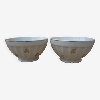Set of 2 old ribbed white Longchamp porcelain bowls with gold decoration