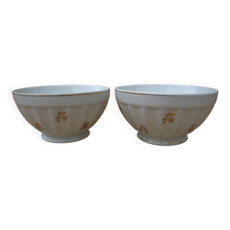 Set of 2 old ribbed white Longchamp porcelain bowls with gold decoration