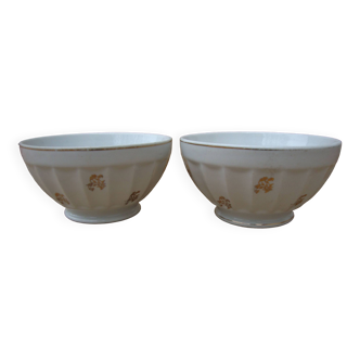 Lot 2 anciens bols côtelés en porcelaine de Longchamp blancs à décor doré