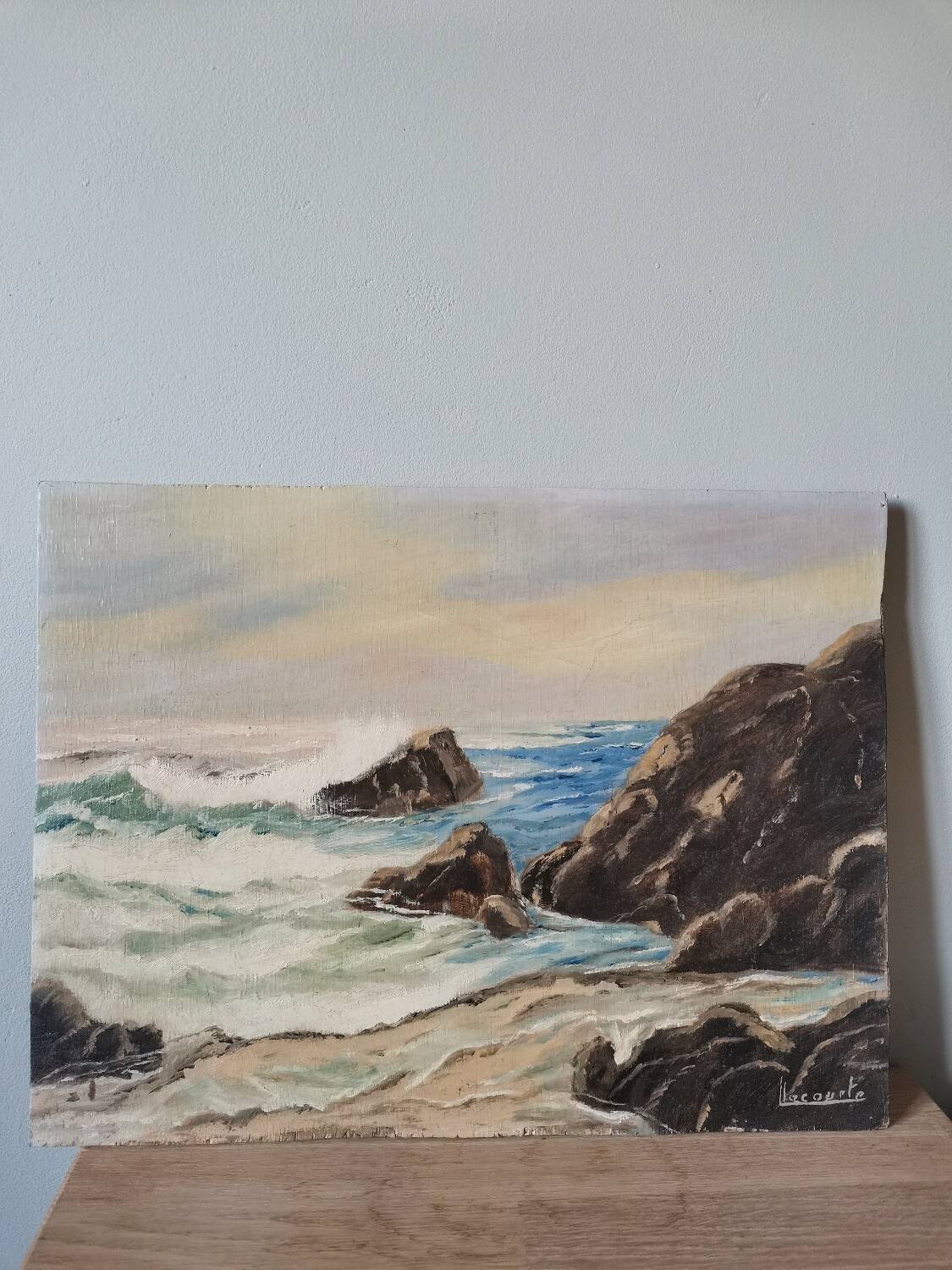 Oil painting vintage painting signed seaside landscape