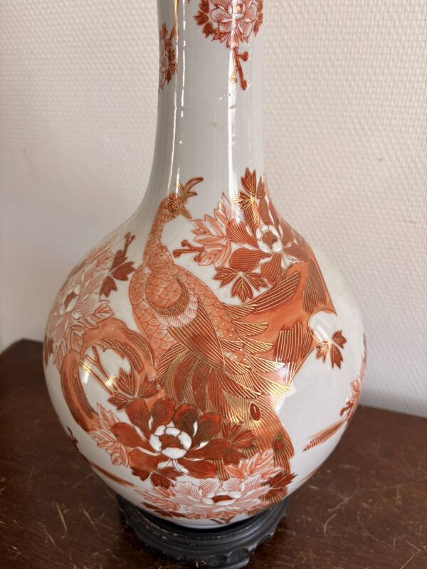 Lampe Vase Porcelaine Imari Japon Japonais Rouge Fer Meiji Phénix Pivoine