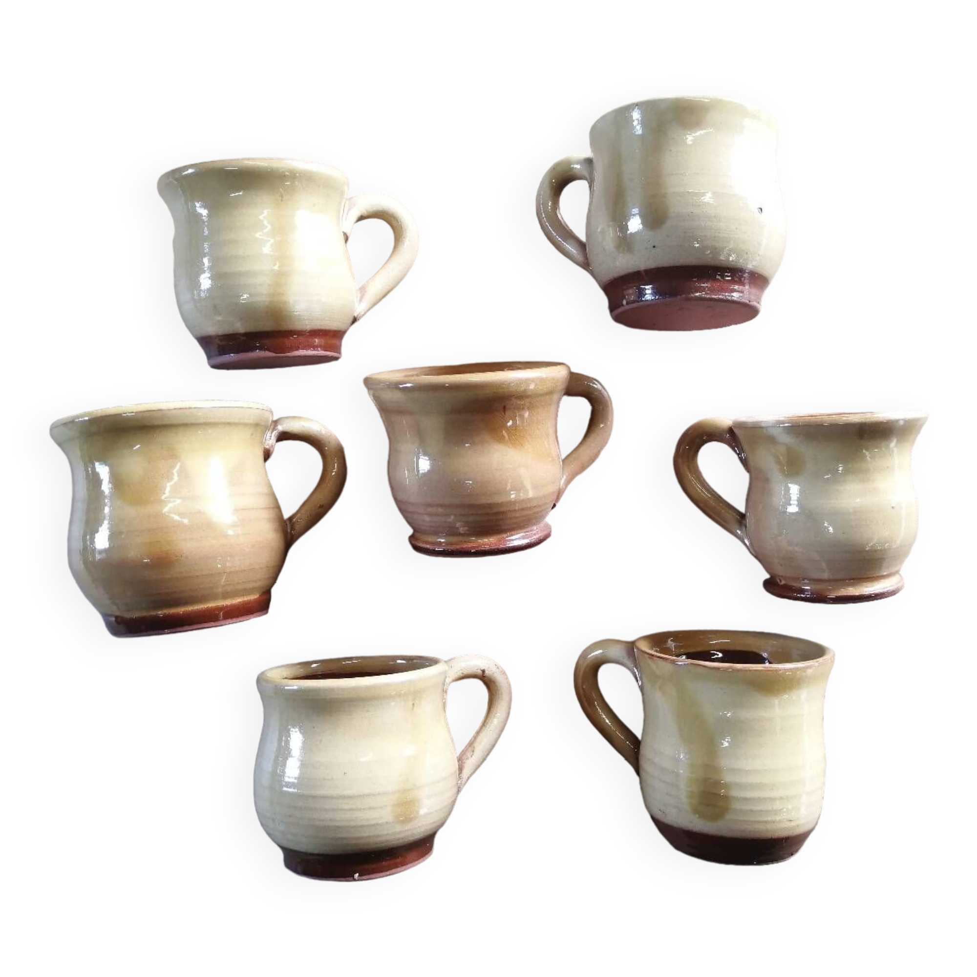 Set of 7 vintage stoneware yellow coffee cups