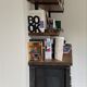 Metal and wood shelves and cupboards.