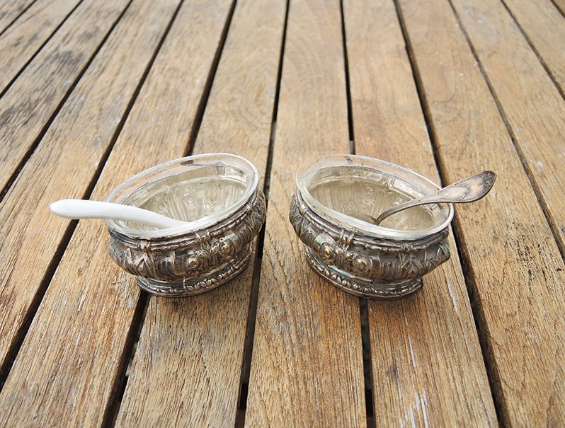 Old pair of oval metal salt shakers with louis xvi style verrine
