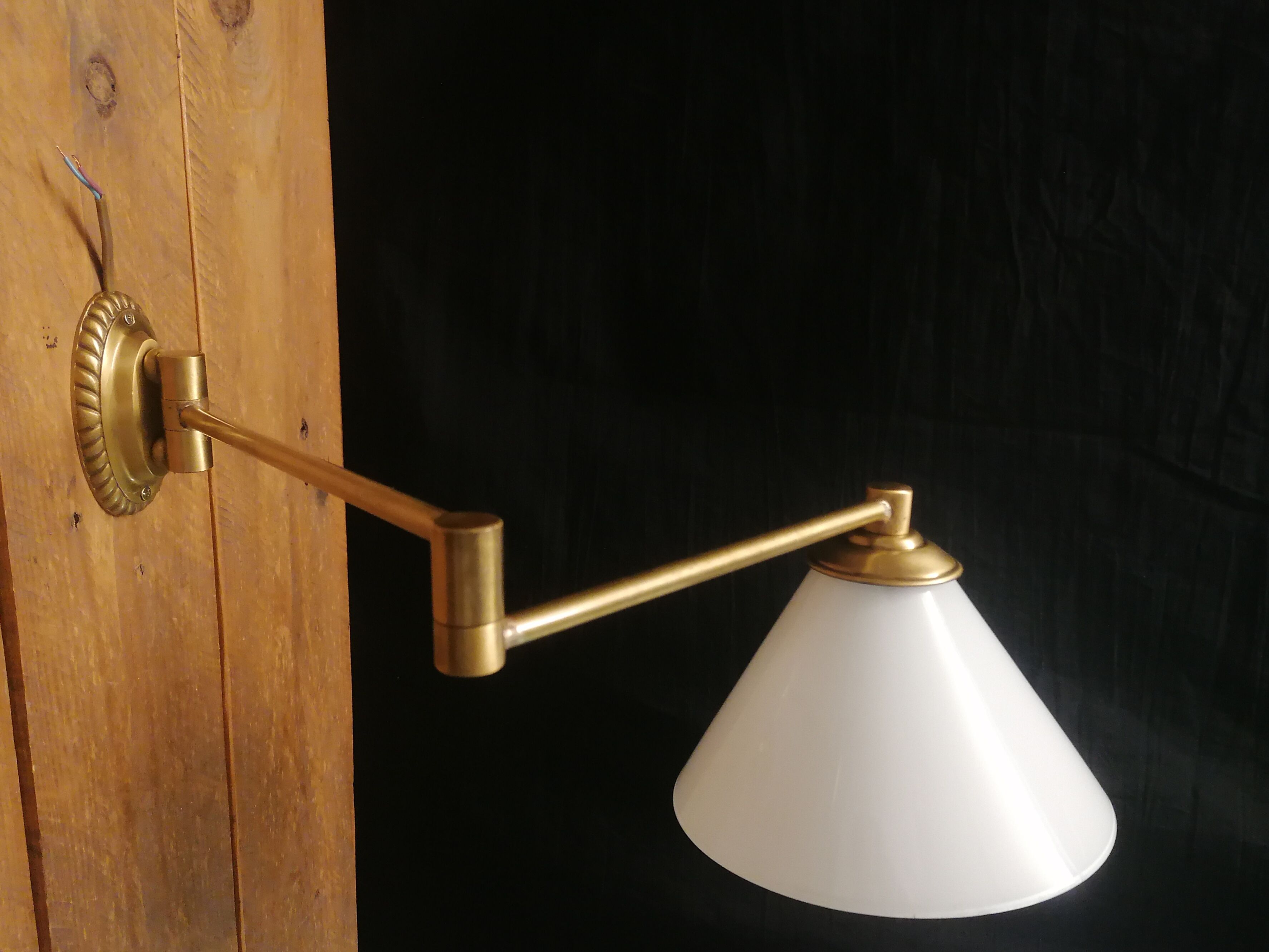 Articulated arm wall applique - brass and white glass diffuser - 1970s