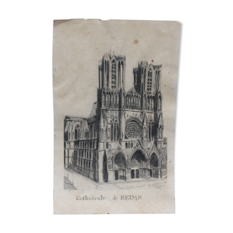 Old drawing 1933 – Reims Cathedral – signed A. Pellerin