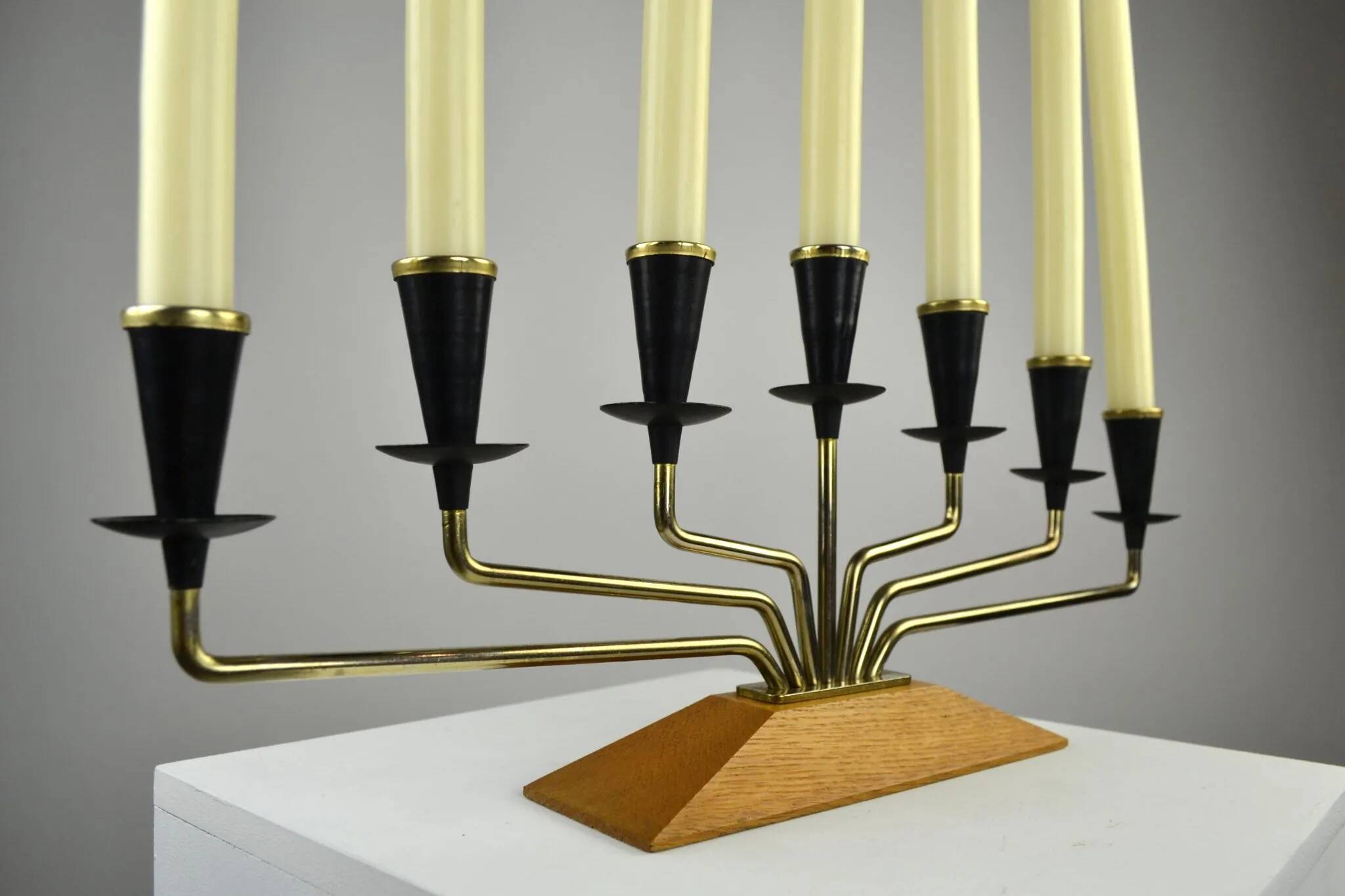 Brass, Black Painted Metal and Teak Candelabra by Gunnar Ander for Ystad-Metall, Sweden, 1960s