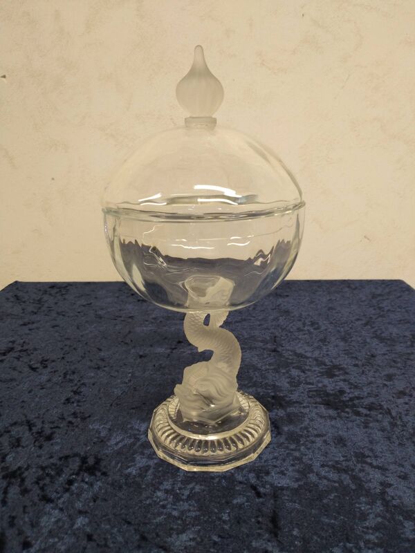 Bonbonnière ancienne en cristal et verre dépoli pied formant un poisson