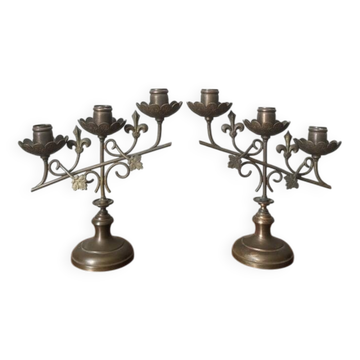 Pair of baroque country candlesticks ivy fleur-de-lys