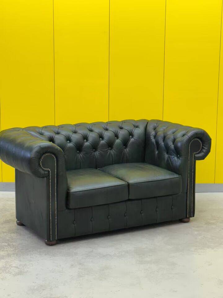 Vintage Green Leather Chesterfield Sofa: Two Seater