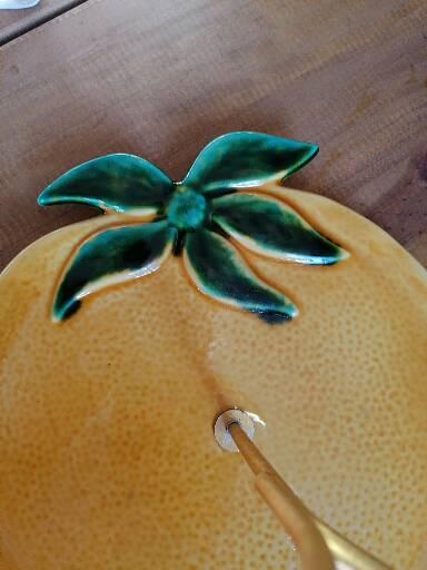 Old lemon-shaped cheese dish, vintage yellow ceramic brass handle 70s