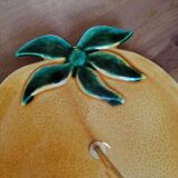 Old lemon-shaped cheese dish, vintage yellow ceramic brass handle 70s