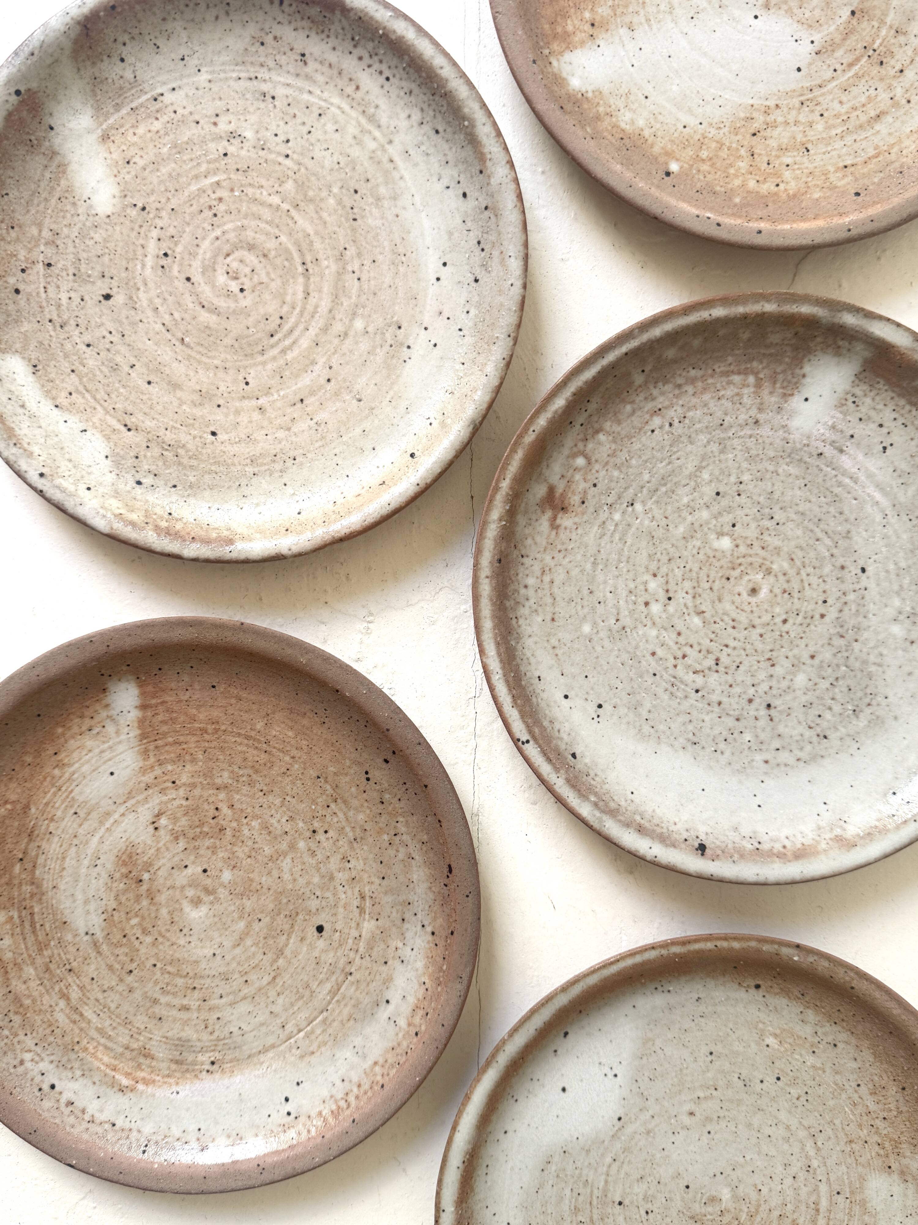 handmade ceramic dessert service in pyrite beige stoneware, France 1950