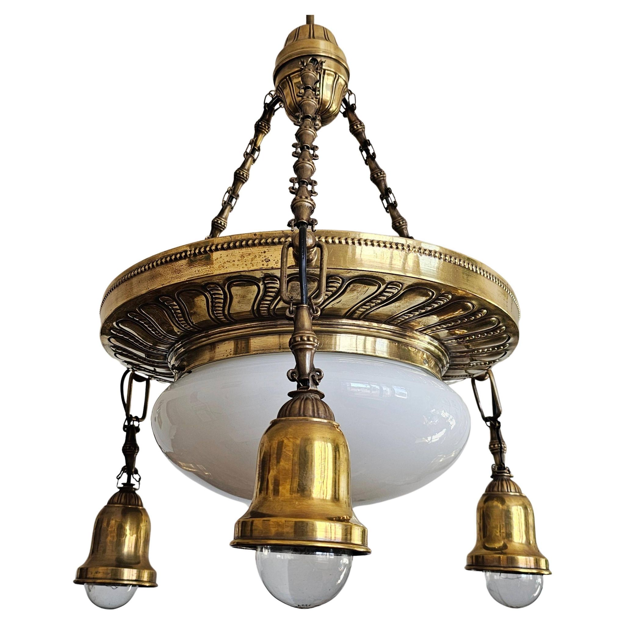 Polished Brass Art Nouveau Chandelier with Opaline Glass Dome