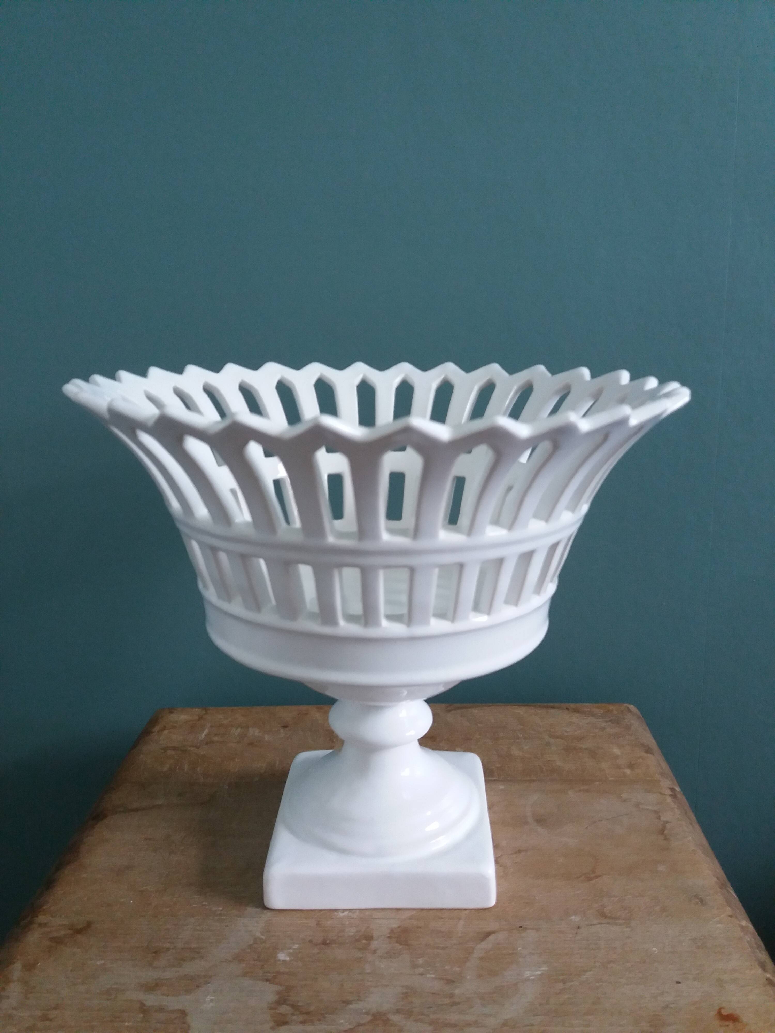 Malicorne Bourg-Joly openwork fruit bowl signed Moreau
