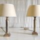 Table lamps in gilded brass with paper shades - mid 20th century.