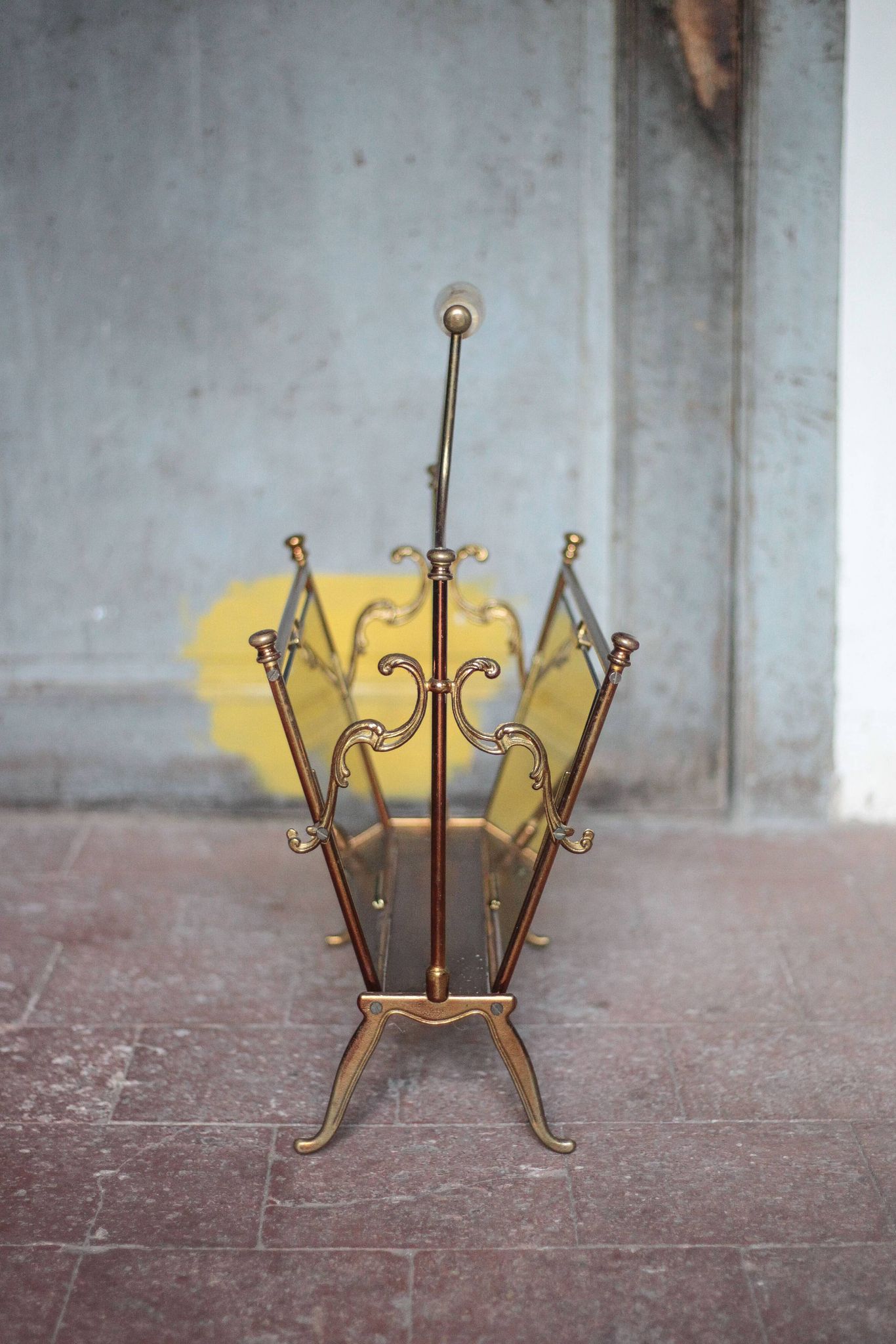 vintage magazine rack, brass and smoked glass magazine rack, newspaper, magazine
