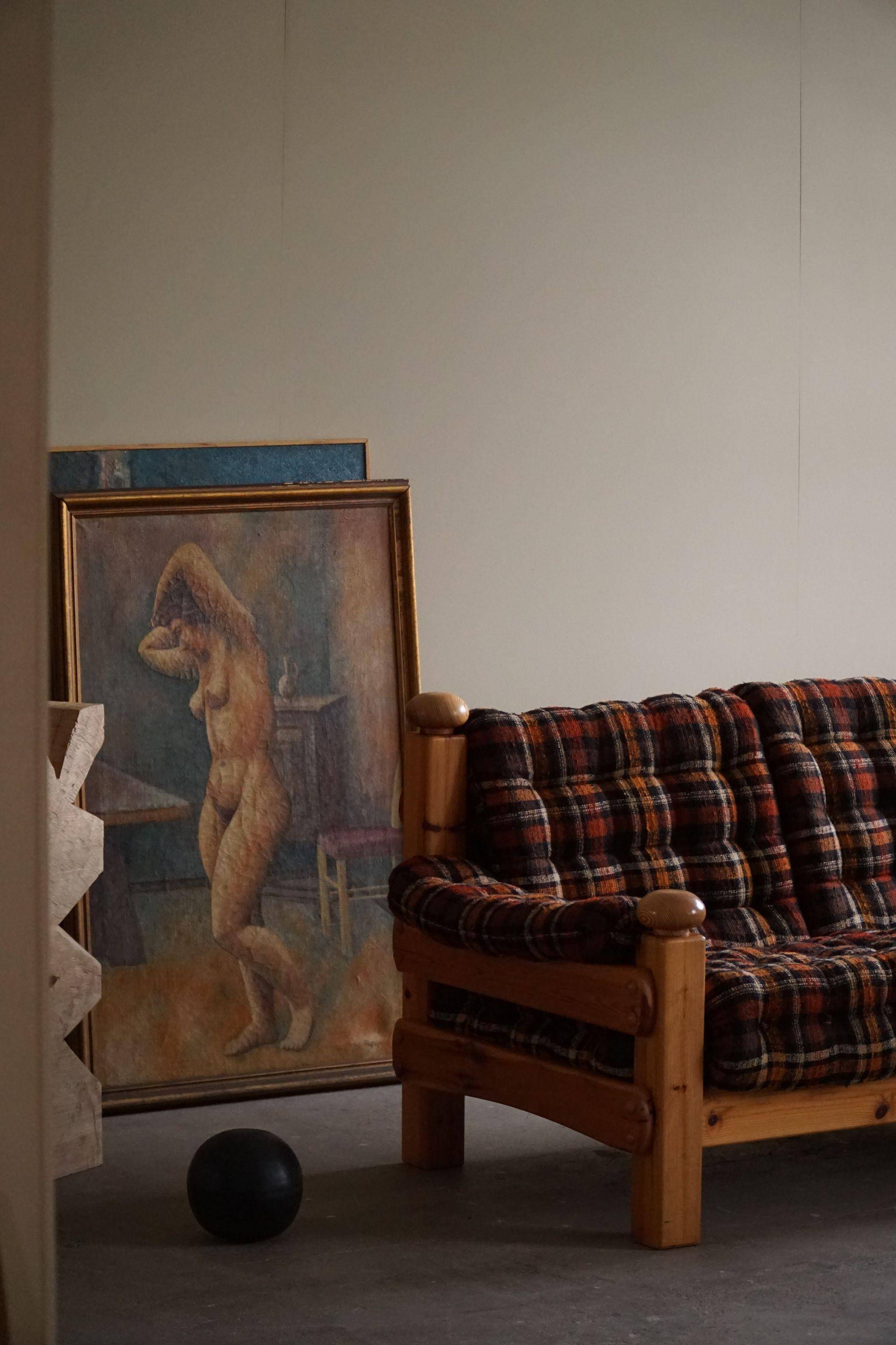 Brutalist two-seater sofa in solid pine, Swedish modernism, 1970s.