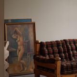 Brutalist two-seater sofa in solid pine, Swedish modernism, 1970s.