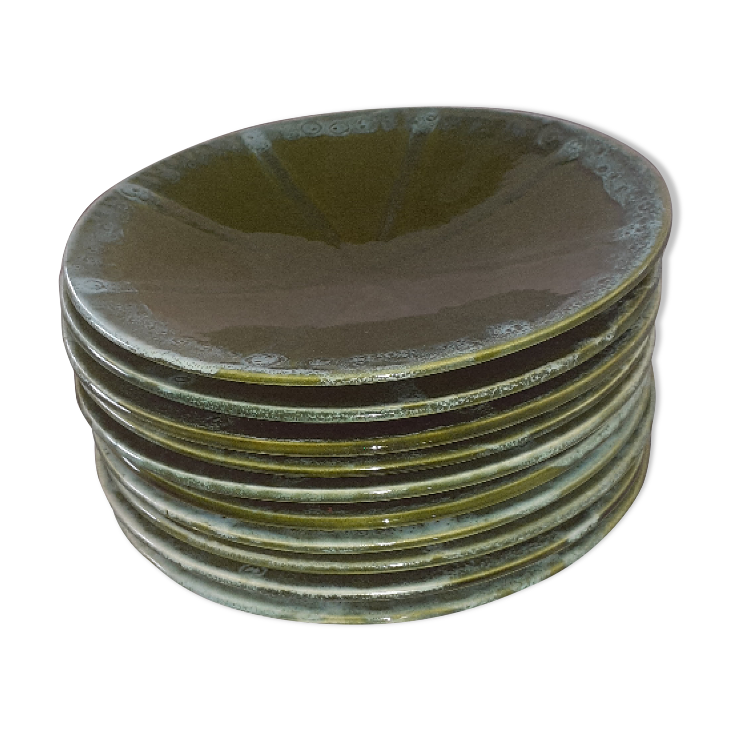 9 English green dessert plates; Pornic's varnished faience. Painted hand.