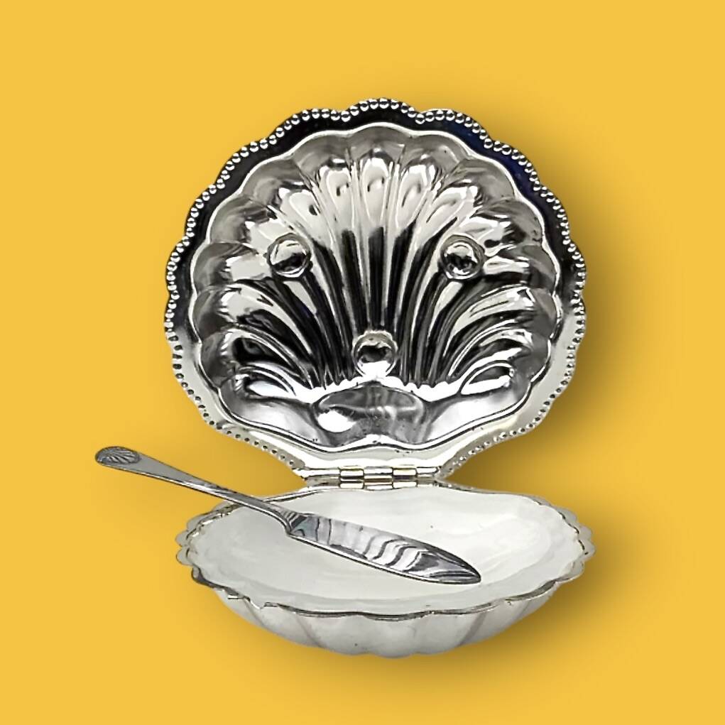 Vintage silver-plated metal and glass shell butter dish with knife
