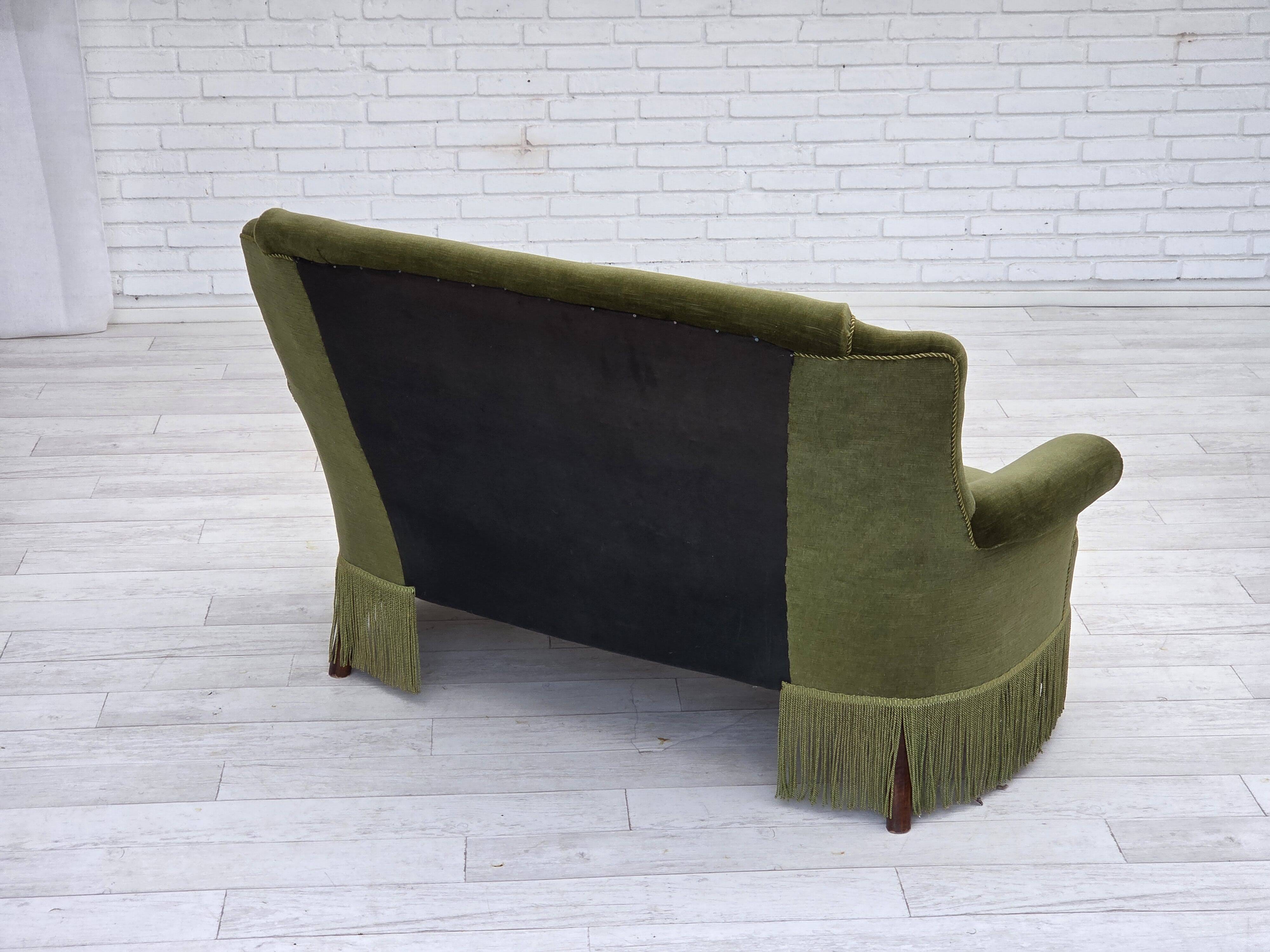 1960s, Danish 2-seater sofa, green furniture velour, beech wood.