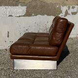 Salon complet en aluminium brossé et cuir marron, France 1970