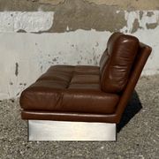 Complete vintage living room set, brushed aluminum and brown leather, France, 1970