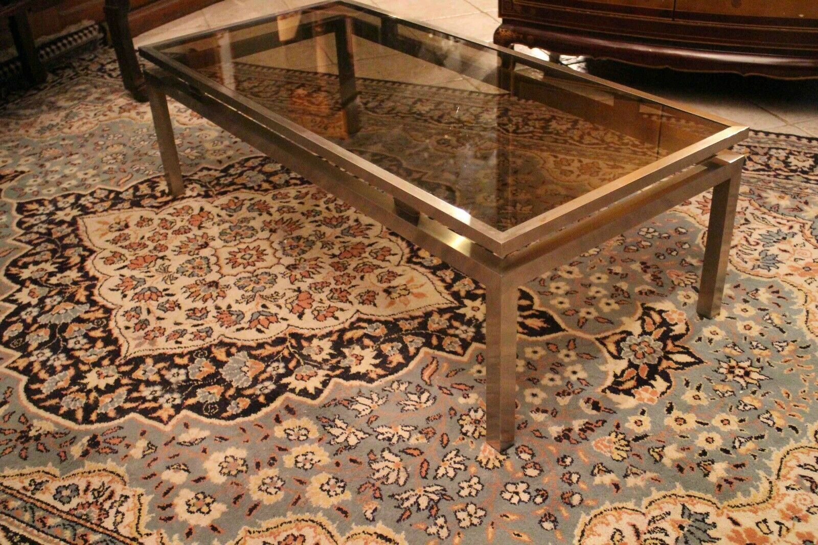 Coffee table living room brushed metal tinted glass
