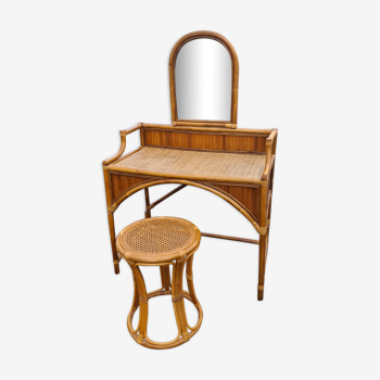 Dressing table rattan bamboo vintage 1960 with stool