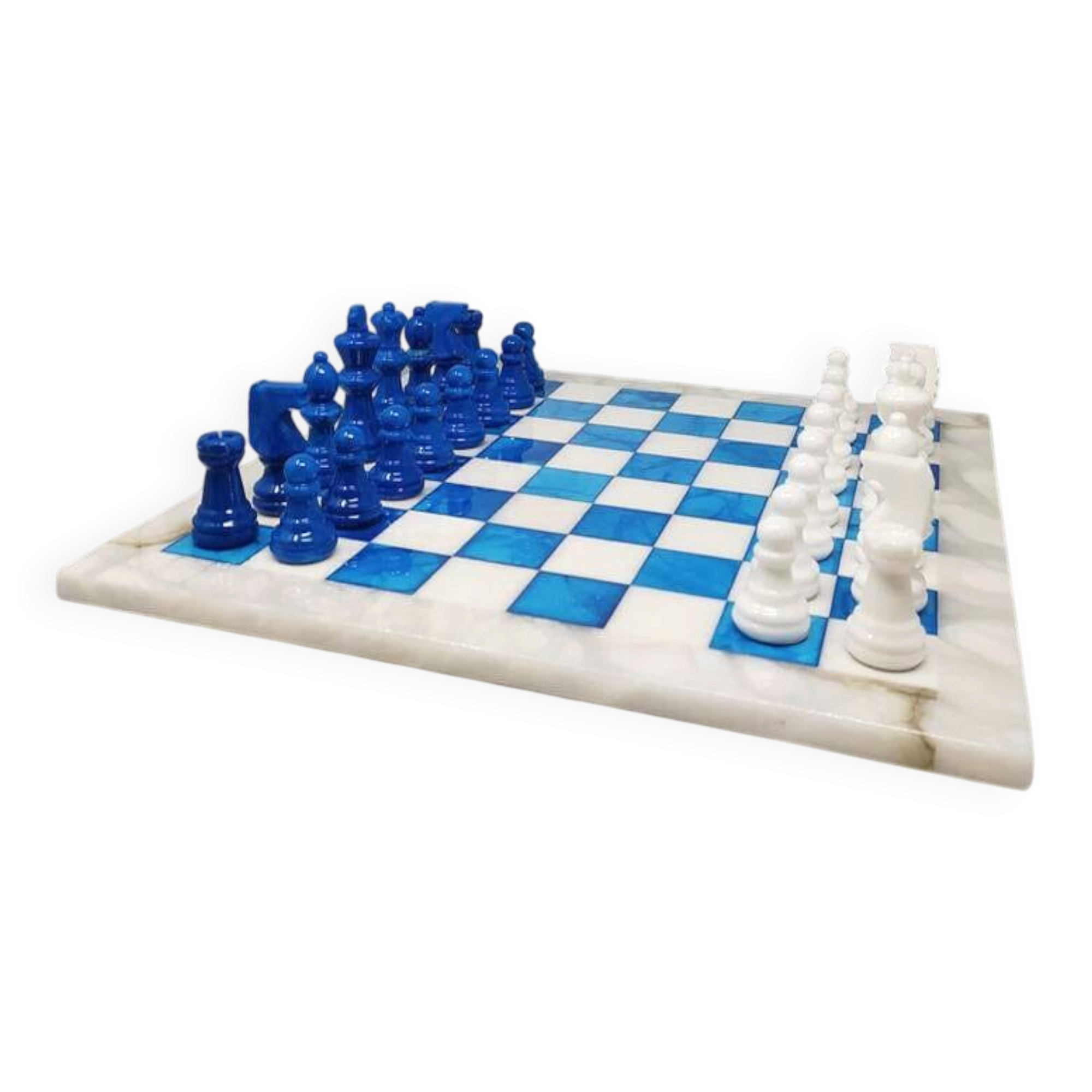 1970s gorgeous sky blue and white chess set in Volterra alabaster handmade. Made in Italy
