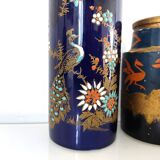 Two small vases, one with dragons and one scroll with peacock