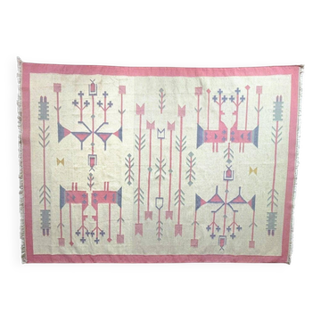 Tapis kilim vintage, en laine et coton, style art populaire, Pologne, années 1970