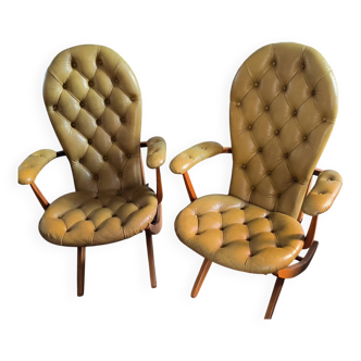 Paire fauteuils Chesterfield vintage cuir vert