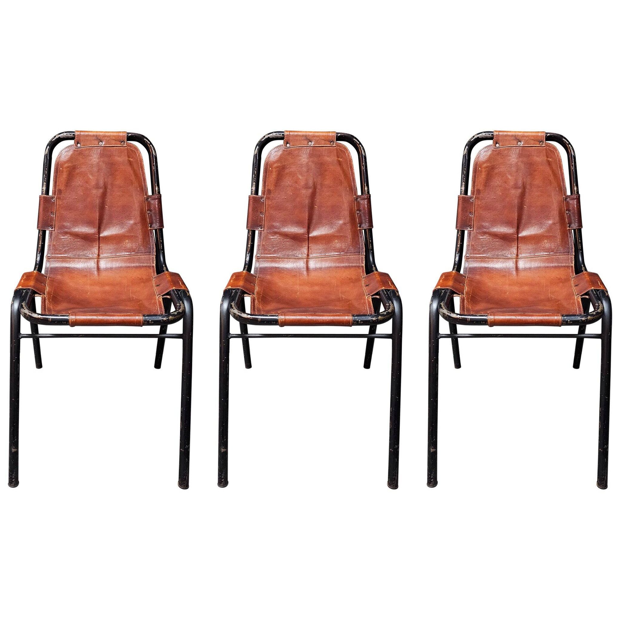 Set of 3 leather Bauhaus chairs by DalVera, Charlotte Perriand style, 1950.