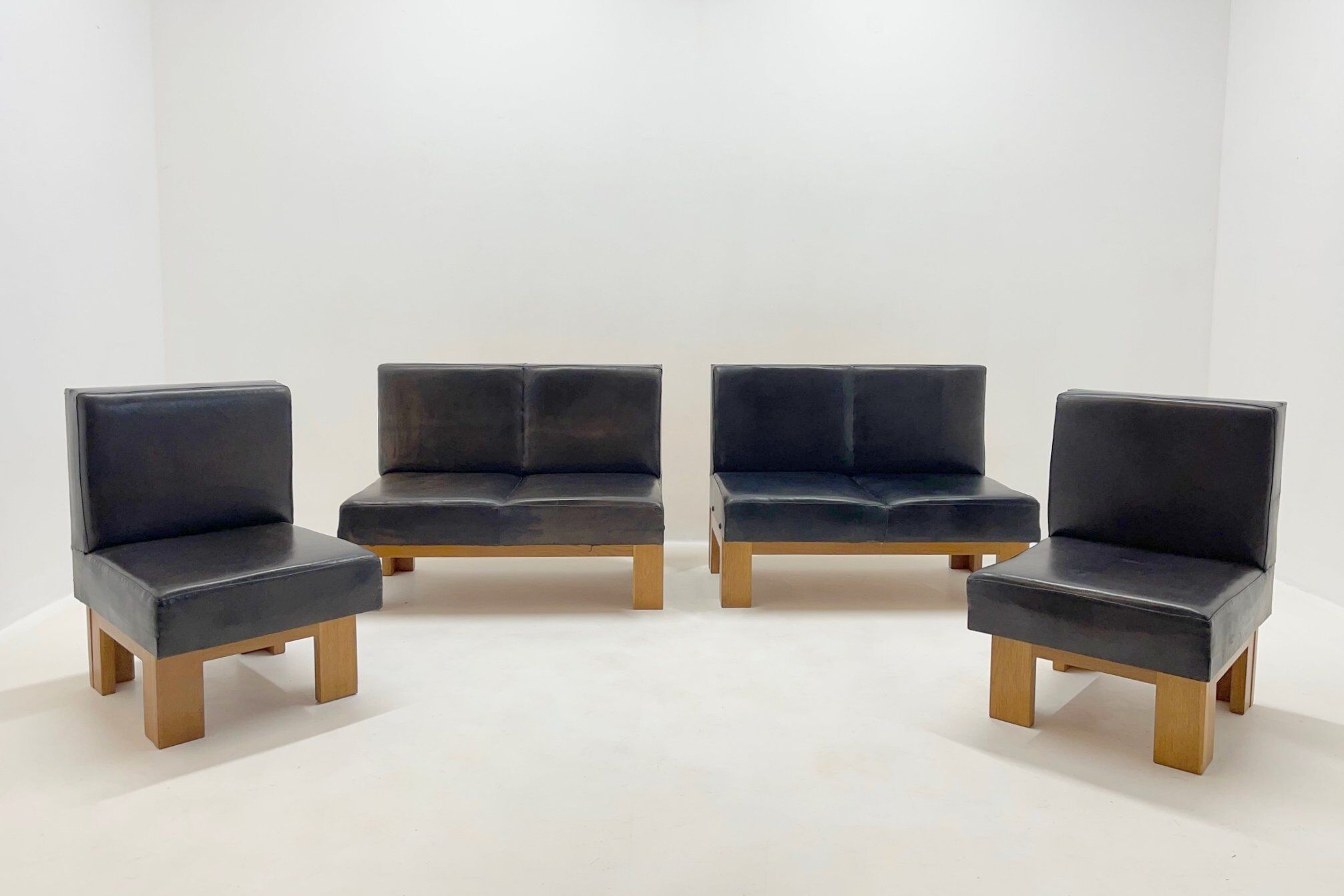 Leather & Oak Wood Modular Sofa and Chairs, 1970's