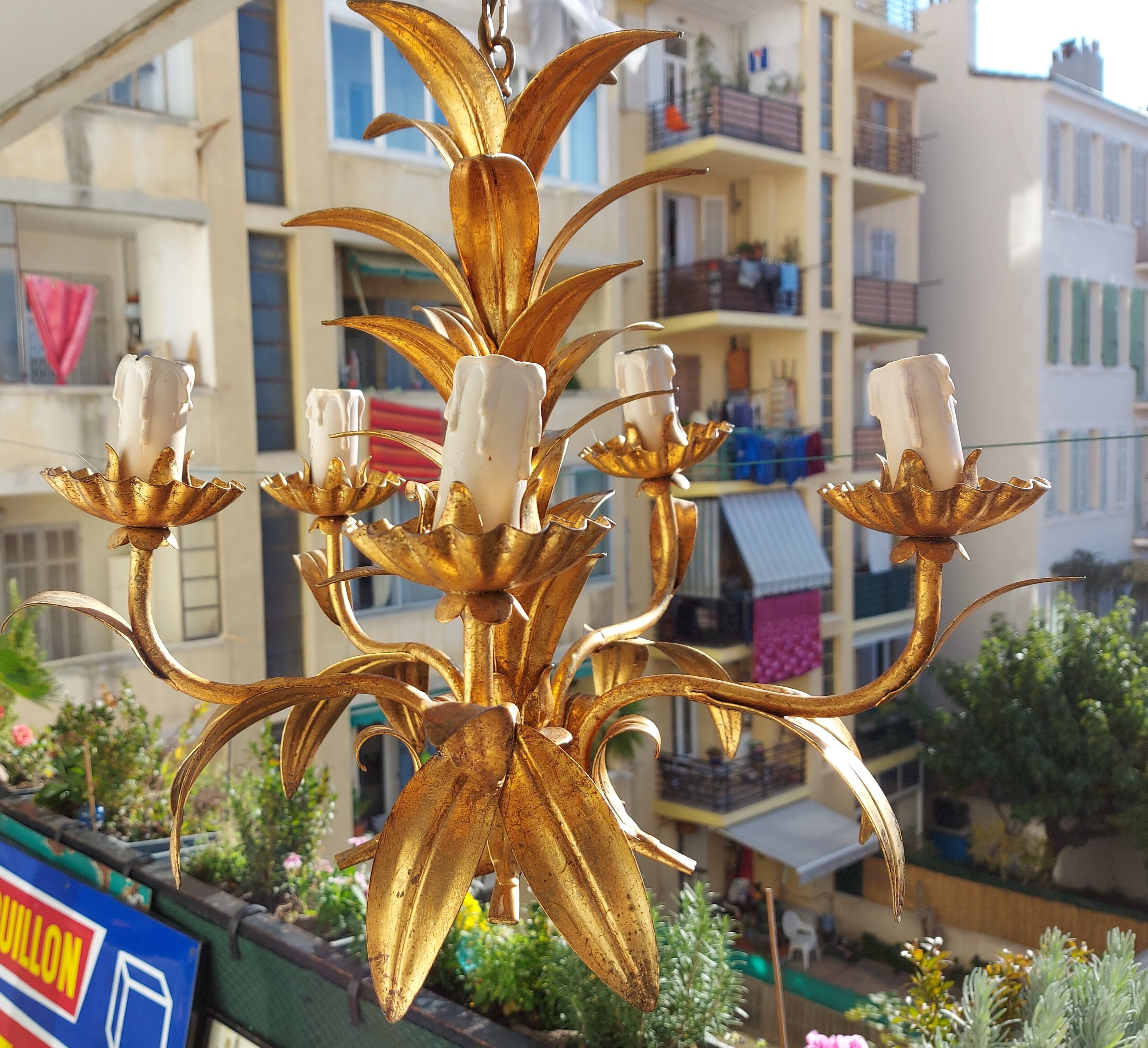 Chandelier gilded metal leaves by Hans Kogl, 1970's