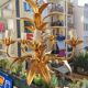 Chandelier gilded metal leaves by Hans Kogl, 1970's