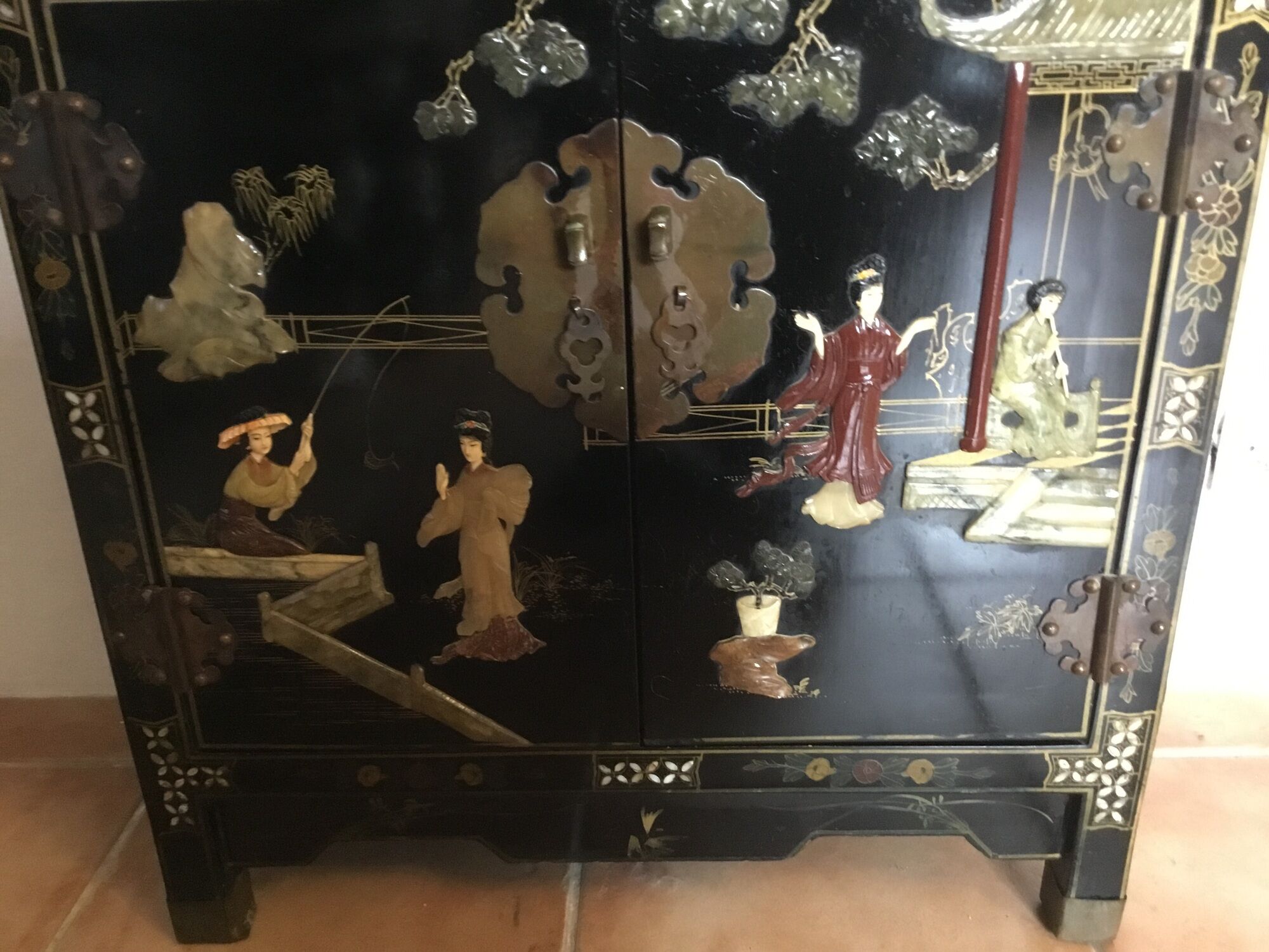 Asian laque furniture embossed motifs mother-of-pearl, stone and other