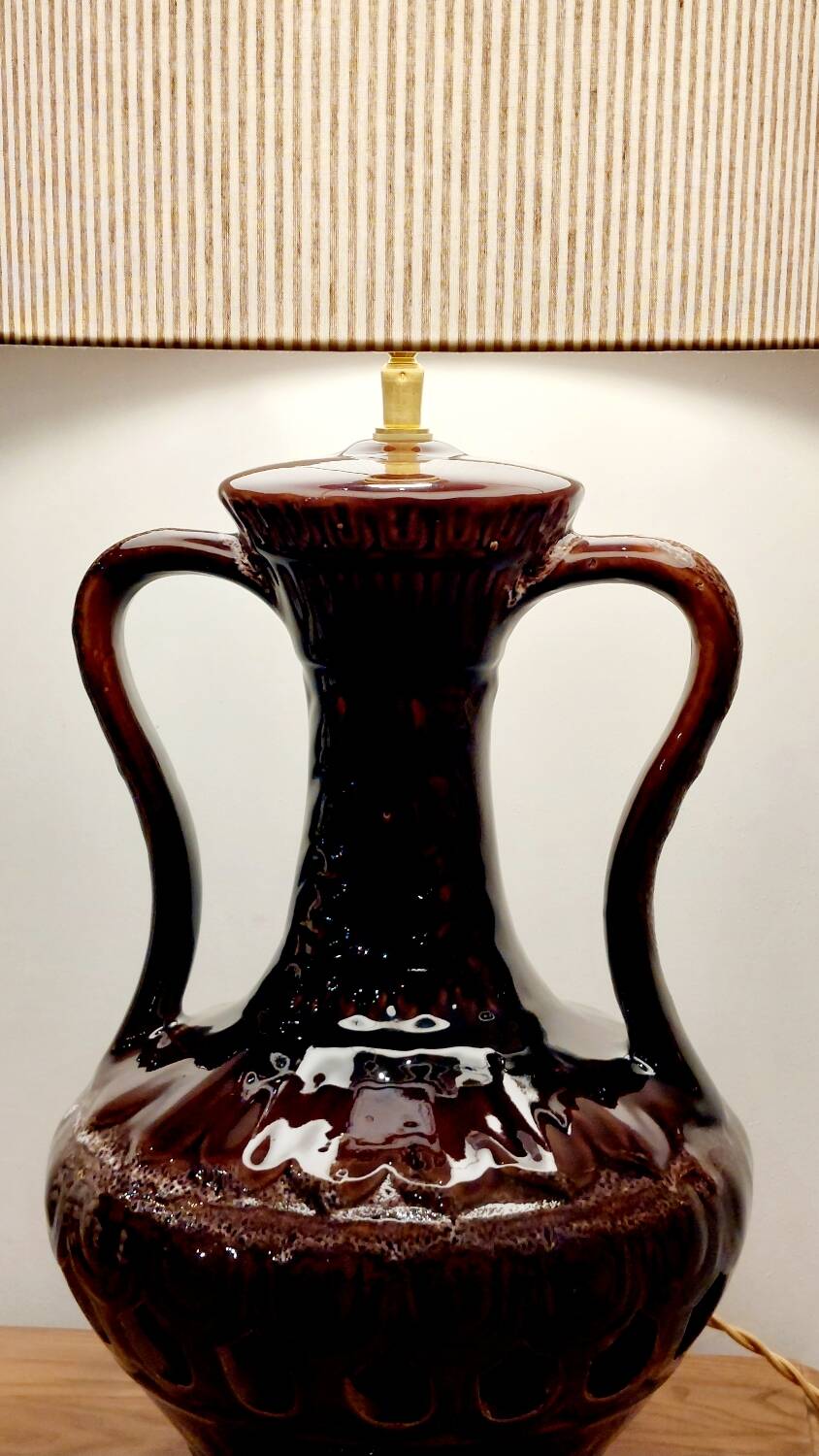 Vintage ceramic lamp, striped cotton shade