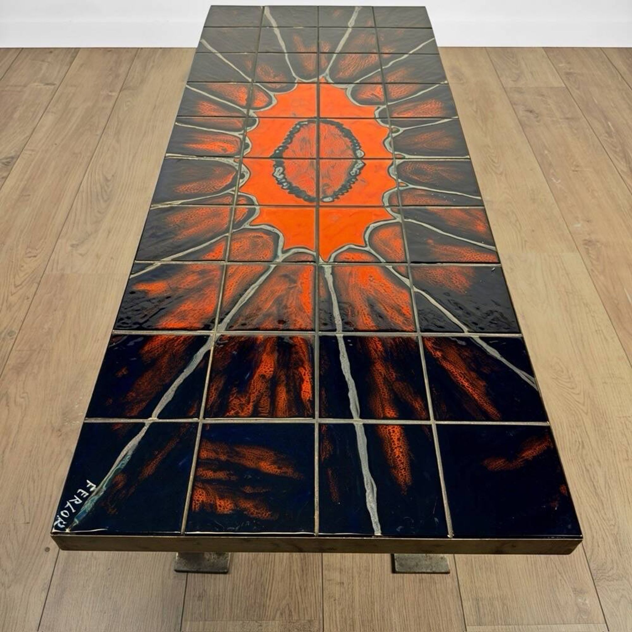 Ferlor International coffee table in brushed steel and ceramic from the 1970s.