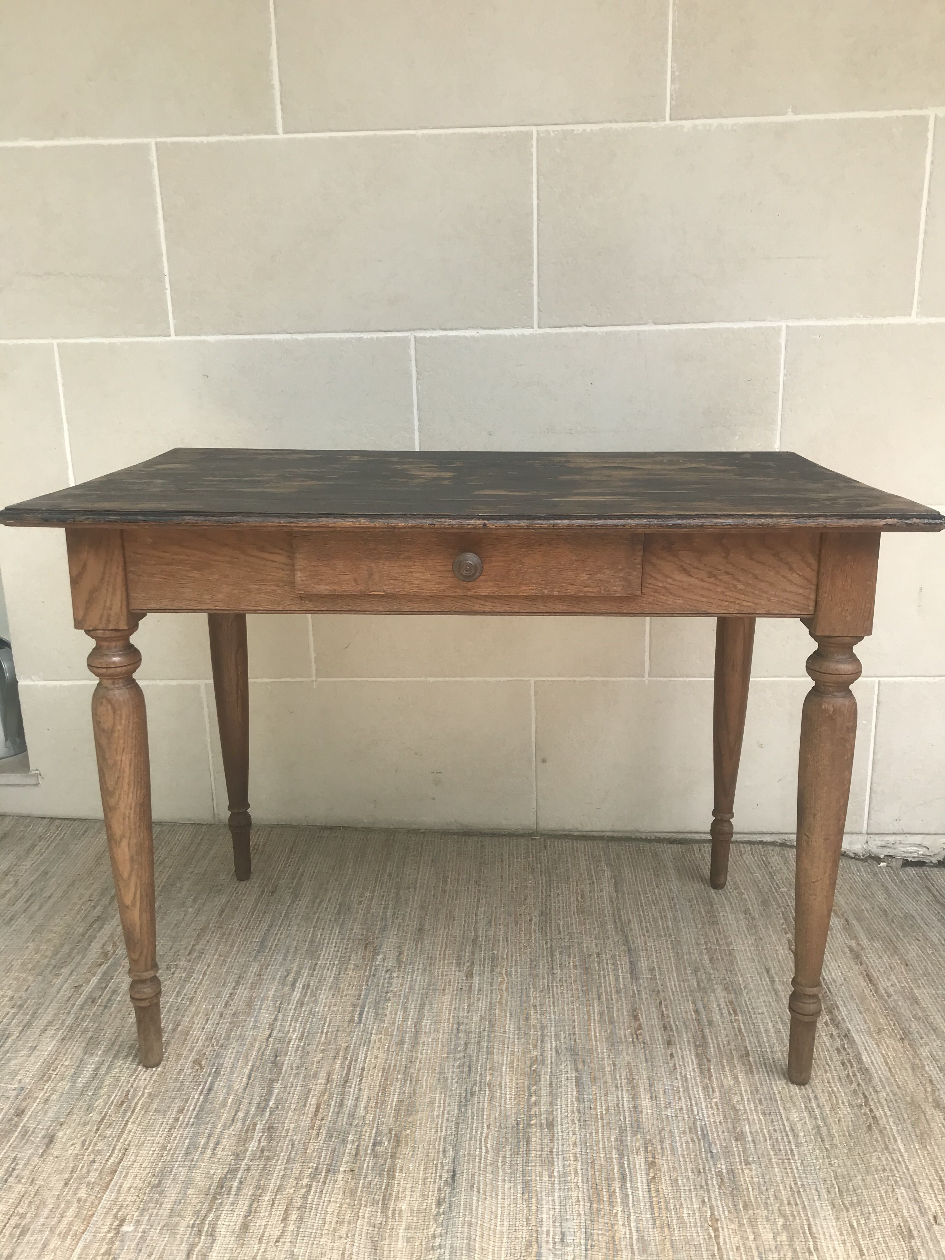 Old farmhouse table desk 1 drawer solid wood patinated black top