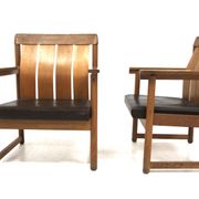 Set of 2 leather and oak armchair tables, Ferdinand Lundqvist, Sweden, 1960
